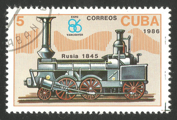 Fototapeta na wymiar Cuba - CIRCA 1986: Stamp printed by Cuba, Multicolor memorable edition offset printing on the topic of railway, series devoted Locomotives, shows steam traction in Russia 1845