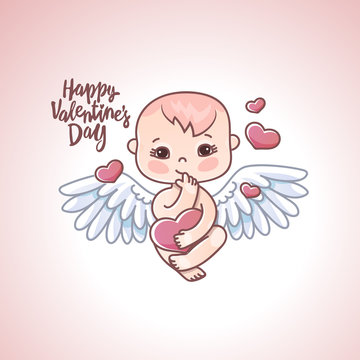 Angel baby with heart in hands on a white background. Greeting card for Valentine's day.