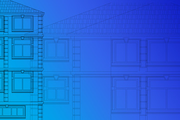 Drawing of the facades of the houses on a blue background