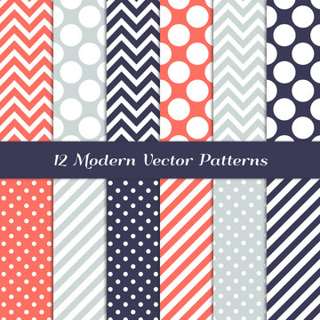 Coral, Gray, Navy Blue and White Polka Dots, Chevron and Stripes Vector Patterns. Living Coral - 2019 of the Year. Modern Geometric Backgrounds. Pattern Tile Swatches Included.