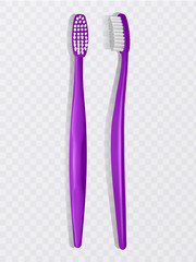 Purple plastic toothbrush, the top view, realistic toothbrush on a white background. Vector illustration