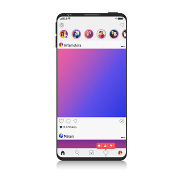 New Mock Up Of Social Network On Smartphone, Mobile Realistic Style. Flat Design Photo Frame Vector Illustration White Background. Instagram Style Colour And Profile. EPS 10