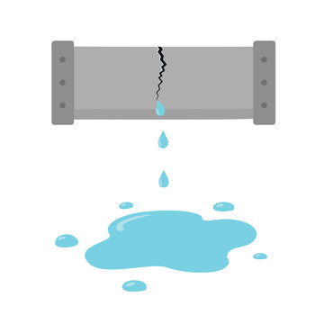 The crack in the pipe. Dripping water pipe icon, trumpet break in cartoon style on white background.