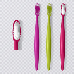 Set plastic toothbrush, the top view, realistic toothbrush on a transparent background. Vector illustration