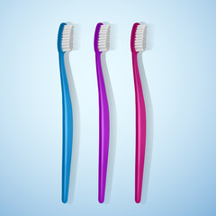 Set Of Realistic Toothbrushes in Blue, Purple and Pink colors on Blue Background. Vector illustration