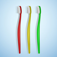 Set Of Realistic Toothbrushes in Red, yellow and Green colors on Blue Background. Vector illustration