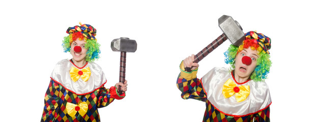 Clown with hammer isolated on white