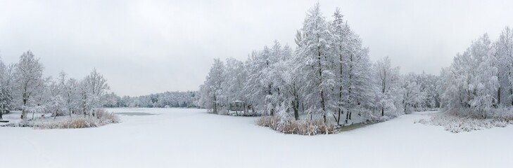 Panoramic aerial view of winter beautiful landscape with trees covered with hoarfrost and snow. Winter scenery from above. Landscape photo captured with drone.