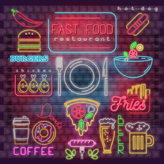 Neon Fast Food Icons Set