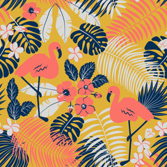 Tropic seamless pattern with flamingo, palms and flowers