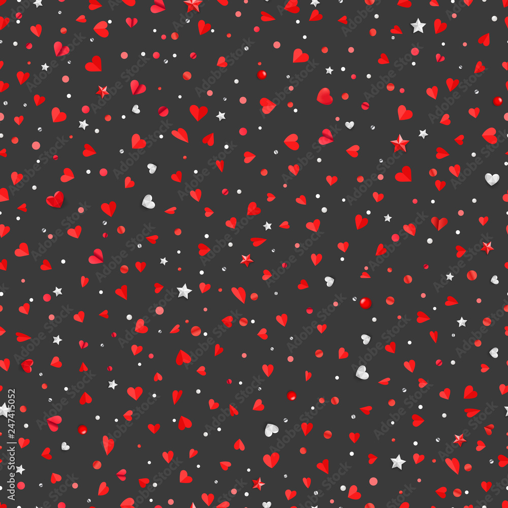 Poster valentines day abstract seamless background with red white and silver confetti laying on a dark floo