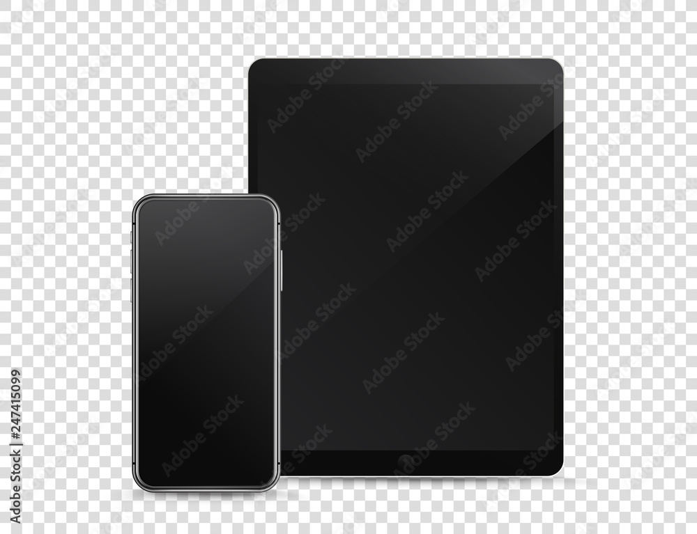 Poster Modern smartphone and tablet computer on transparent background. Vector mockup