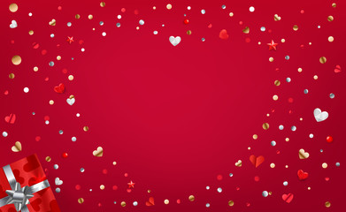 Red background with abstrac heart shape with foil confetti. Valentines Day or love card
