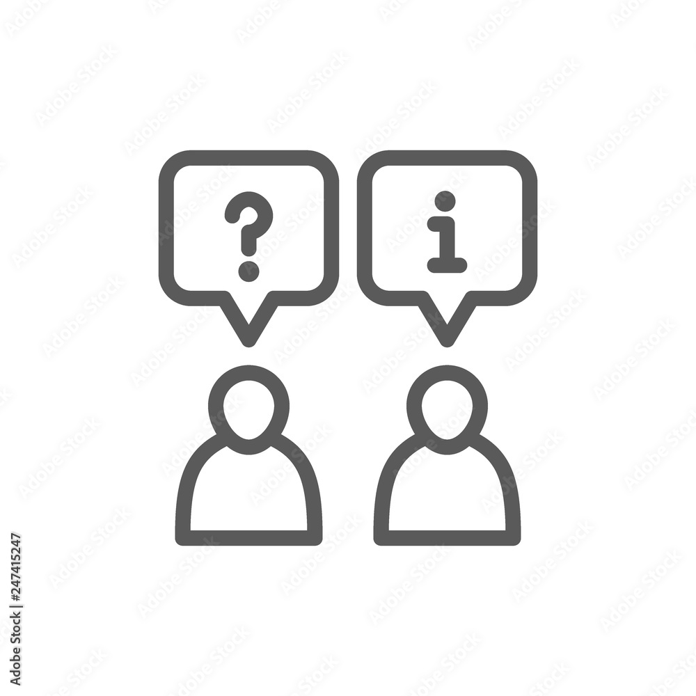 Poster client and employee with chat cloud, faq and answers line icon.