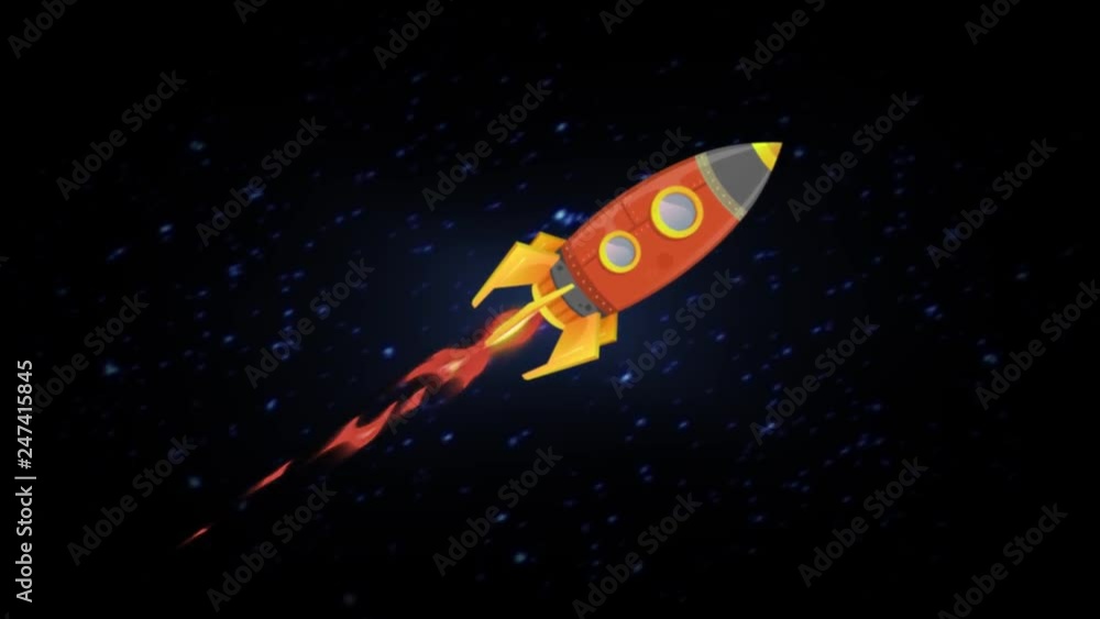 Poster rocket ship flying through space animation loop/ looped animation of a cartoon retro rocket ship bla