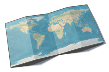 Cartina mondo, Venezuela, disegnata su un foglio piegato, planisfero appoggiato su una superficie. Cartina fisica. 3d rendering