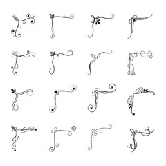 Collection of corners. Big set of ornament decorative lines with hearts and swirls. Elegant classic graphics. Vector illustration.