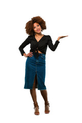 full body afro woman holding with palm