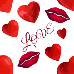 Vector red heart and lips background wedding romance Seamless pattern