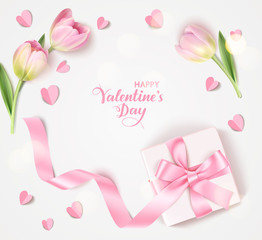 Happy Valentine's Day. Holiday design template. Vector background with decorative white gift box, pink tulip and paper heart. Vector illustration