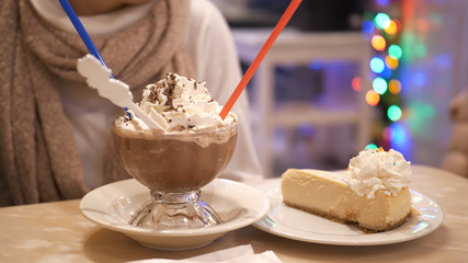 Hot Chocolate with cream and New York style cheesecake