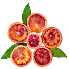 Fototapeta na wymiar Blood orange slice with leaf top view isolated