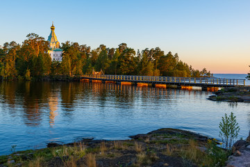 St. Nicholas Skete in the morning sunlight. The wonderful island Valaam is located on Lake Lodozhskoye, Karelia. Balaam - a step to heaven