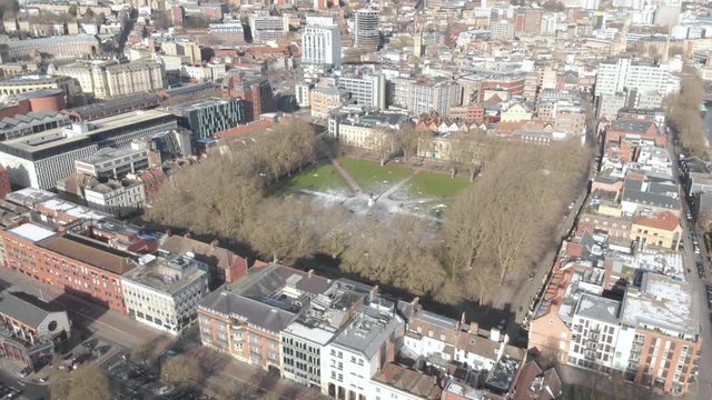 Aerial drone view of Queen Square, Bristol city center, UK
