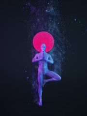 Abstract colorful plastic human body with scattering particles over black background. Yoga Tree pose &mdash; Vrksasana. 3D rendering illustration