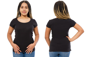 Black shirts set. Summer t shirt design and close up of young afro american woman in blank template...