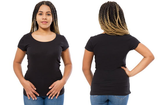 Black Shirts Set. Summer T Shirt Design And Close Up Of Young Afro American Woman In Blank Template T-shirt. Mock Up. Copy Space. Front And Back View.