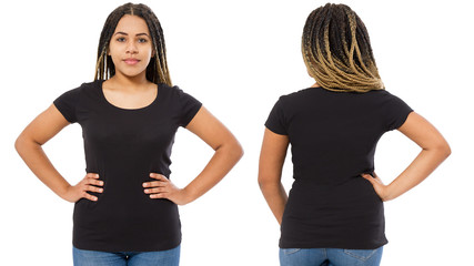 Black shirts set. Summer t shirt design and close up of young afro american woman in blank template...