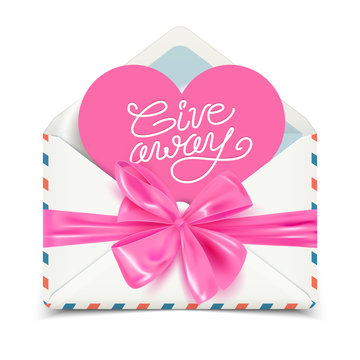 Giveaway advertisement banner design, realistic white envelope with pink bow, vector illustration