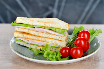 Sandwich with cheese and ham on a plate. Salad leaves and cherry tomato branch in a plate. Light background. Close-up.
