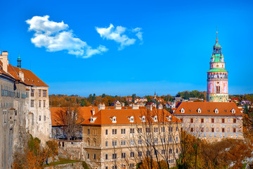 Obraz premium Beautiful sunset over historic centre of Chesky Krumlov old town in the South Bohemian Region of the Czech Republic on Vltava River. UNESCO World Heritage Site