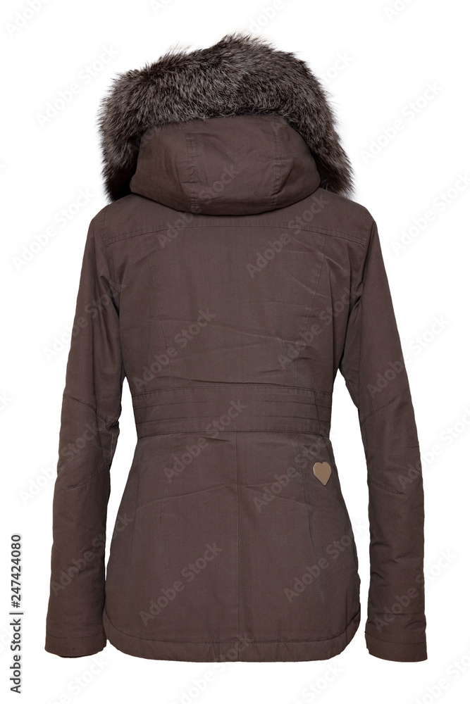 Wall mural Woman clothes. Stylish brown female winter jacket with fur hood on mannequin isolated on a white background. Winter fashion. Back view.