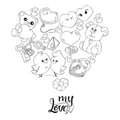 Set of hand drawn doodle love elements  Valentine's Day card, sticker, stamp design. Vector illustration with heart, love, birds, cord, lock, keys, pendant, bear, text. Hand drawn sketch style.