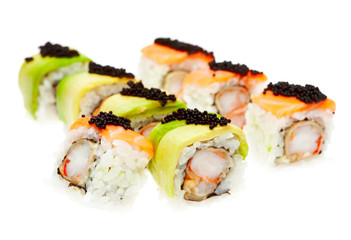Japanese cuisine. Salmon sushi roll with rise isolated on white