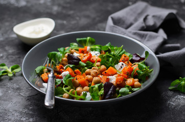 Healthy Vegetarian Salad, Roasted Pumpkin and Chickpea Salad in a Bowl