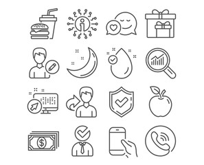 Set of Dating, Hamburger and Vacancy icons. Delivery boxes, Vitamin e and Payment signs. Data analysis, Edit person and Hold smartphone symbols. Love messenger, Burger with drink, Businessman concept