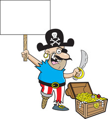 Cartoon illustration of a pirate holding a sign standing next to a treasure chest.
