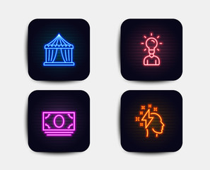 Neon glow lights. Set of Circus tent, Cash money and Education icons. Brainstorming sign. Attraction park, Banking currency, Human idea. Lightning bolt.  Neon icons. Glowing light banners. Vector