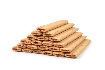 Waffle bar with jam isolated on white. Pyramid of waffers.