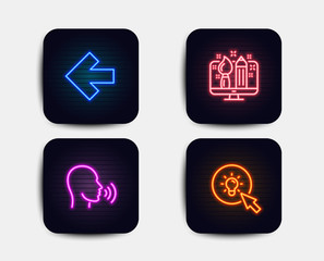 Neon set of Human sing, Creative design and Left arrow icons. Energy sign. Talk, Designer, Direction arrow. Turn on the light. Neon icons. Glowing light banners. Vector