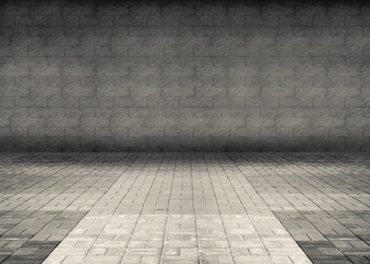 Background of empty room with brick walls and concrete floor, smoke, smog