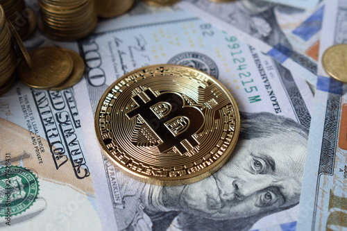 Golden Bitcoins On Us Dollars Digital Currency Close Up New - 