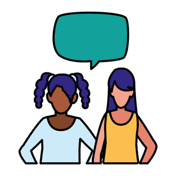 couple of girls interracial characters with speech bubbles