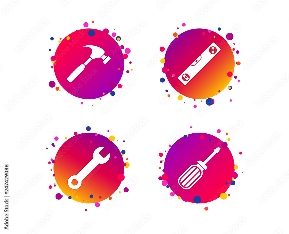 Aufkleber screwdriver and wrench key tool icons. bubble level and hammer sign symbols. gradient circle buttons