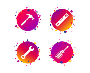 Screwdriver and wrench key tool icons. Bubble level and hammer sign symbols. Gradient circle buttons with icons. Random dots design. Vector