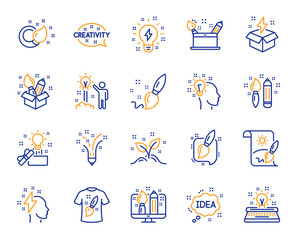 Creativity brush line icons. Set of Design, Idea and Inspiration linear icons. Imagination, Idea box and Creative design. Brush with draw pencil, T shirt and Out of the box creativity. Vector